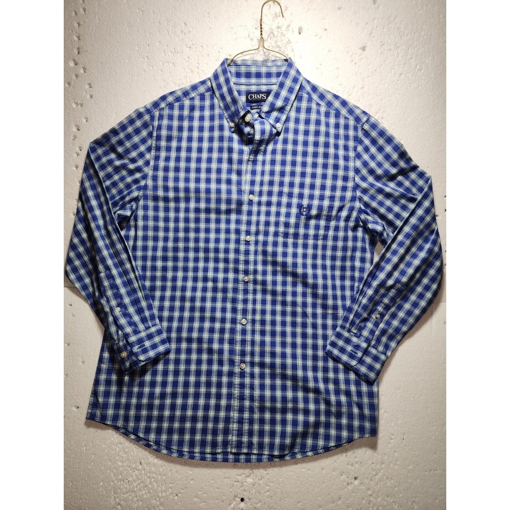 Chaps Shirt Mens Large Blue White Plaid Easy Care Long Sleeve Collared Casual